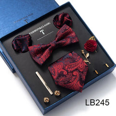 Complete Silk Tie Set for Men — Bow Tie, Necktie, Pocket Square & Accessories