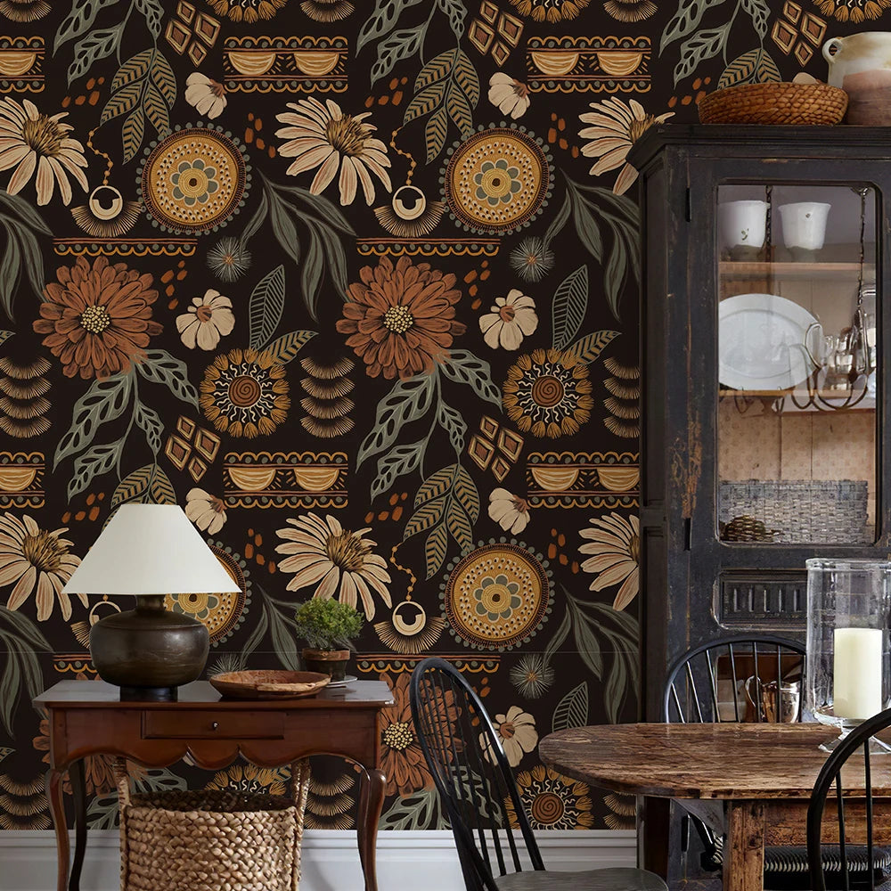Vintage Boho Brown Floral Peel & Stick Wallpaper by Snagg A Wallpaper