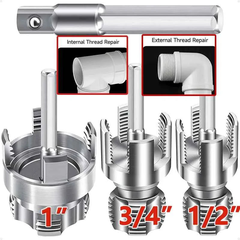 Integrated Internal & External Pipe Threader Kit | Heavy Duty 1/2", 3/4" & 1" Drill-Compatible Threading Tool
