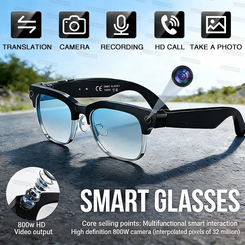 Smart glasses with various functionalities on a scenic background
