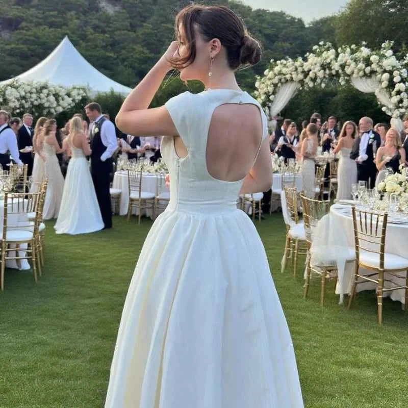 Circle Cut-Out Back Midi Dress – Women's Wide Shoulder Fitted Waist Fluffy Hem Prom & Wedding Dress