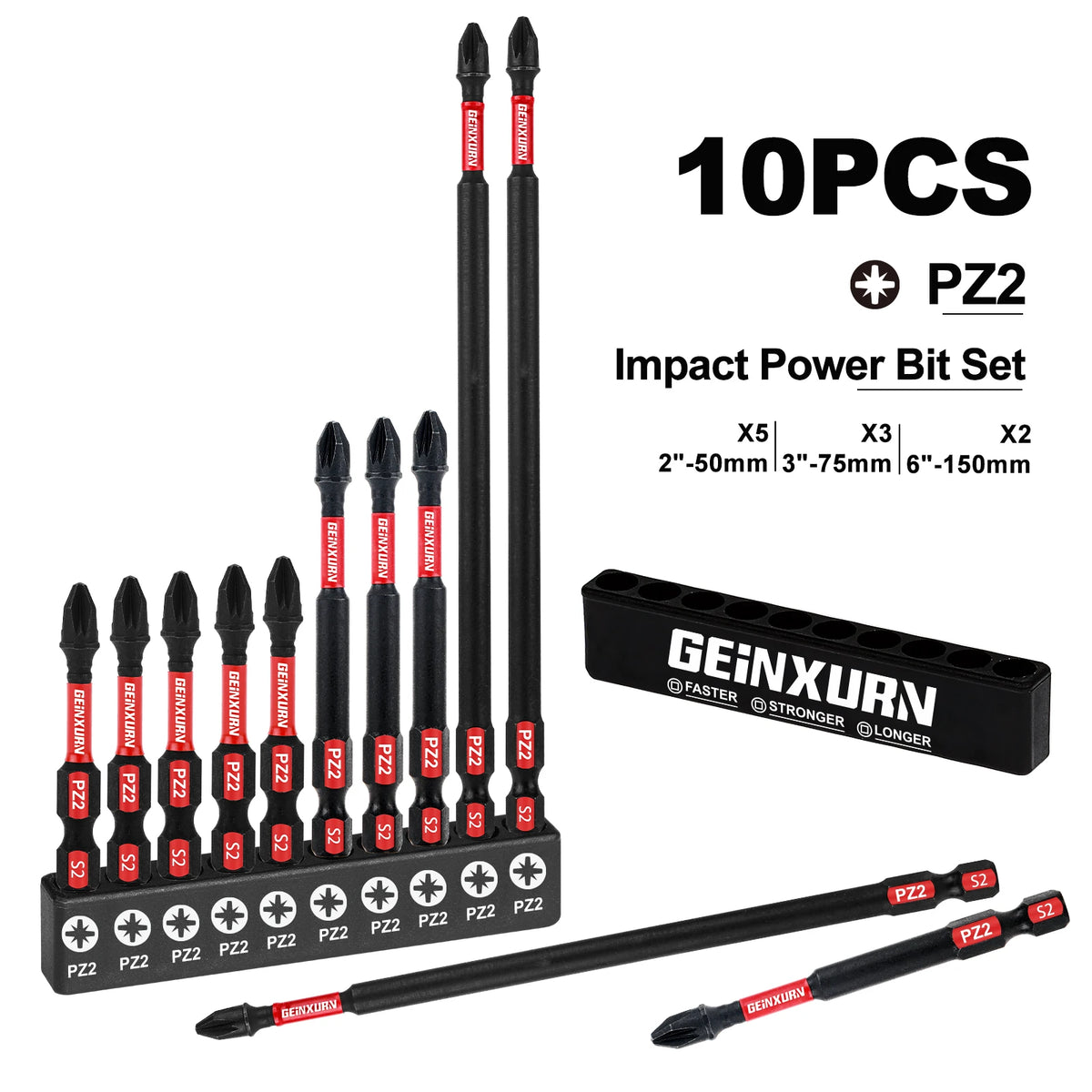 Pozidriv #2 PZ2 Impact Tough Screwdriver Bit Set – S2 Alloy Steel 1"/2"/3"/6" with Storage Organizer