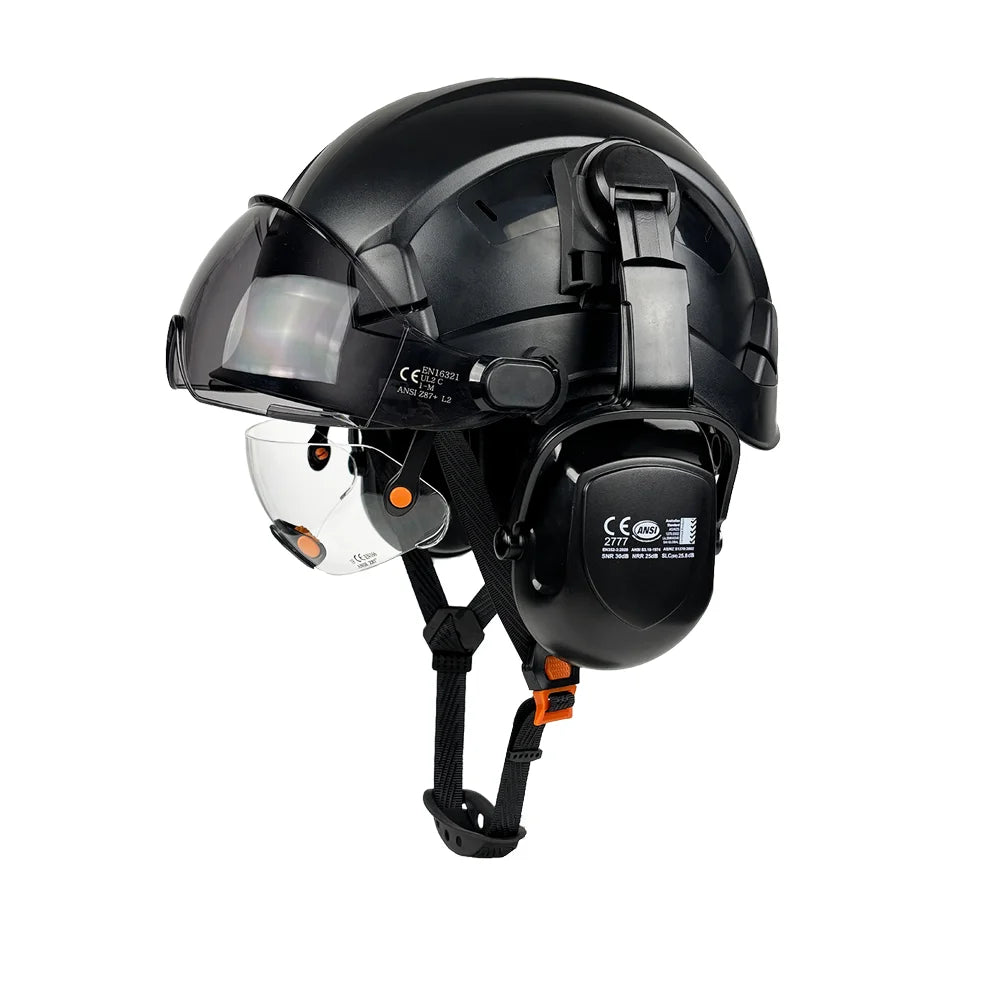 Construction safety helmet with twin visors and earmuffs – image 13