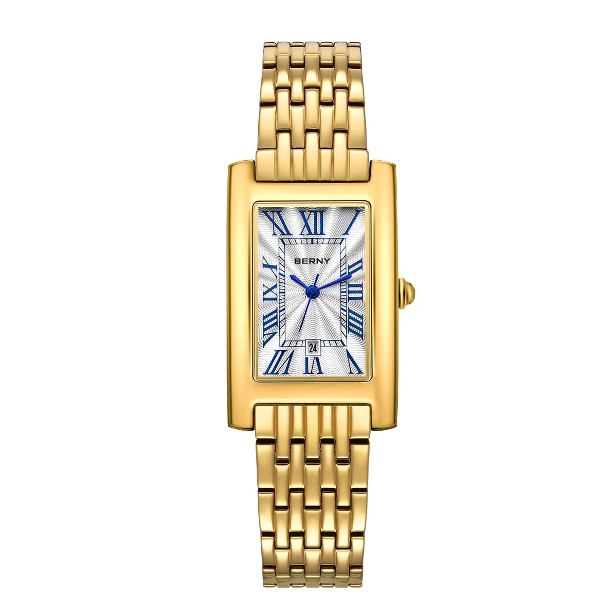 BERNY Square Quartz Watch for Women – Roman Numerals & Date Display