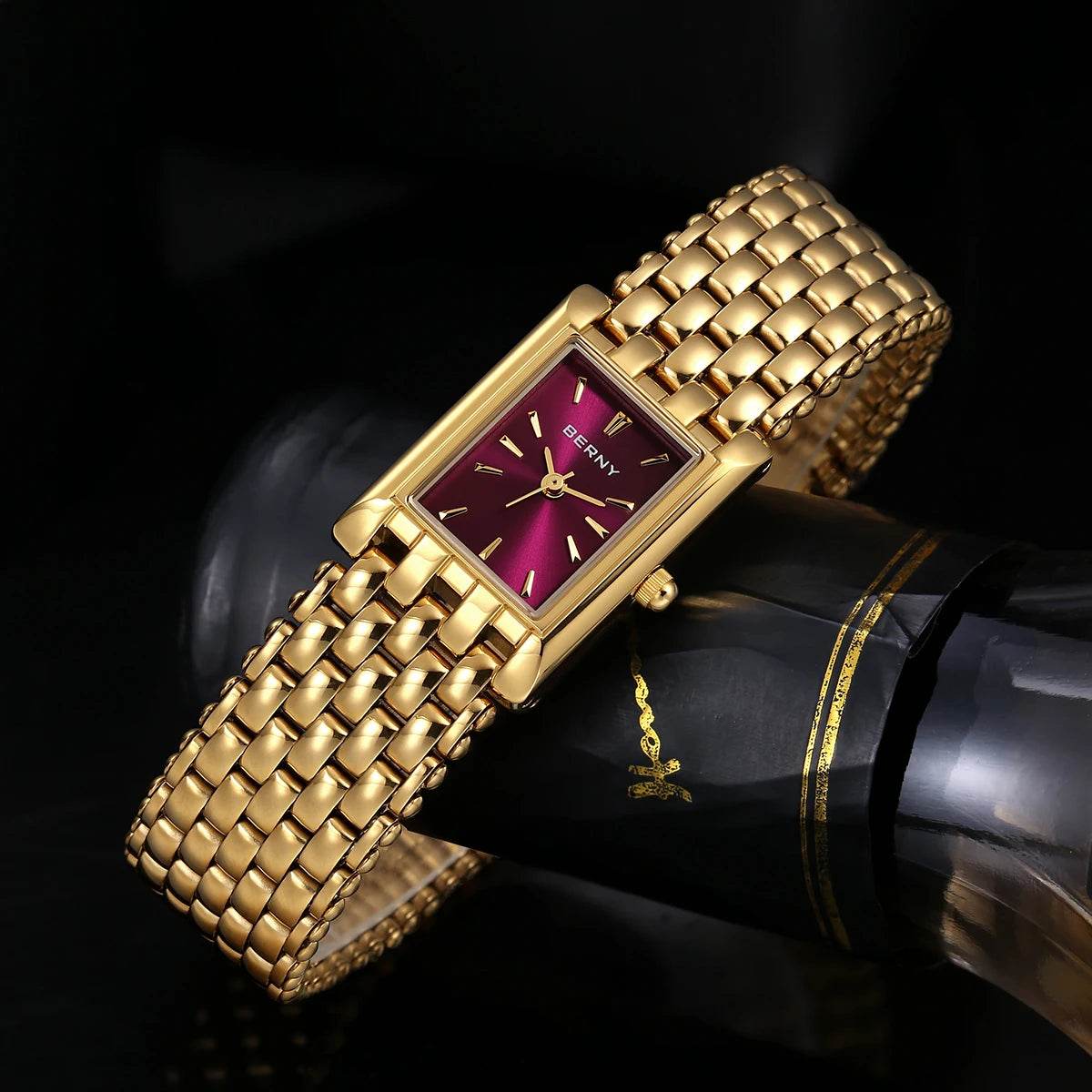 BERNY Gold Women’s Burgundy Red Rectangle Quartz Watch - SnaggIt