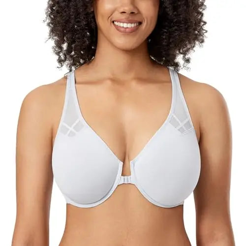 Plus Size Front Closure Racerback Bra | Underwire Plunge Full Coverage Supportive Unlined