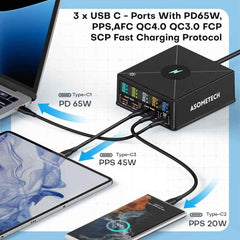 160W 5-Port USB Charging Station | 15W Wireless + 65W PD + QC3.0 Fast Charger iPhone MacBook Samsung