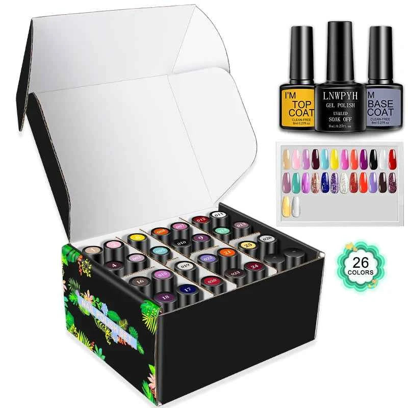 Professional 26 Color High-Pigment Gel Collection – Complete Semi-Permanent Varnish System with Base & Top Coat