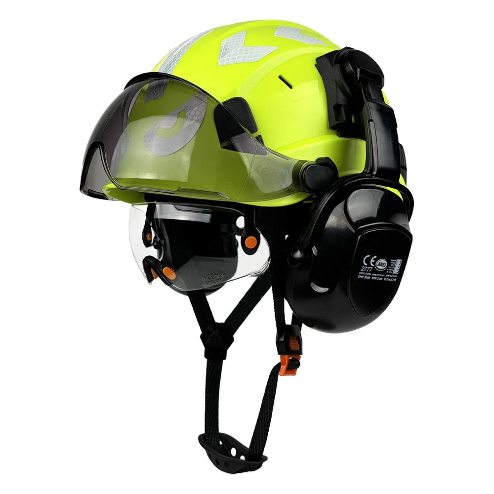 Vented construction safety helmet with twin visors, earmuffs and reflective stickers – image 15