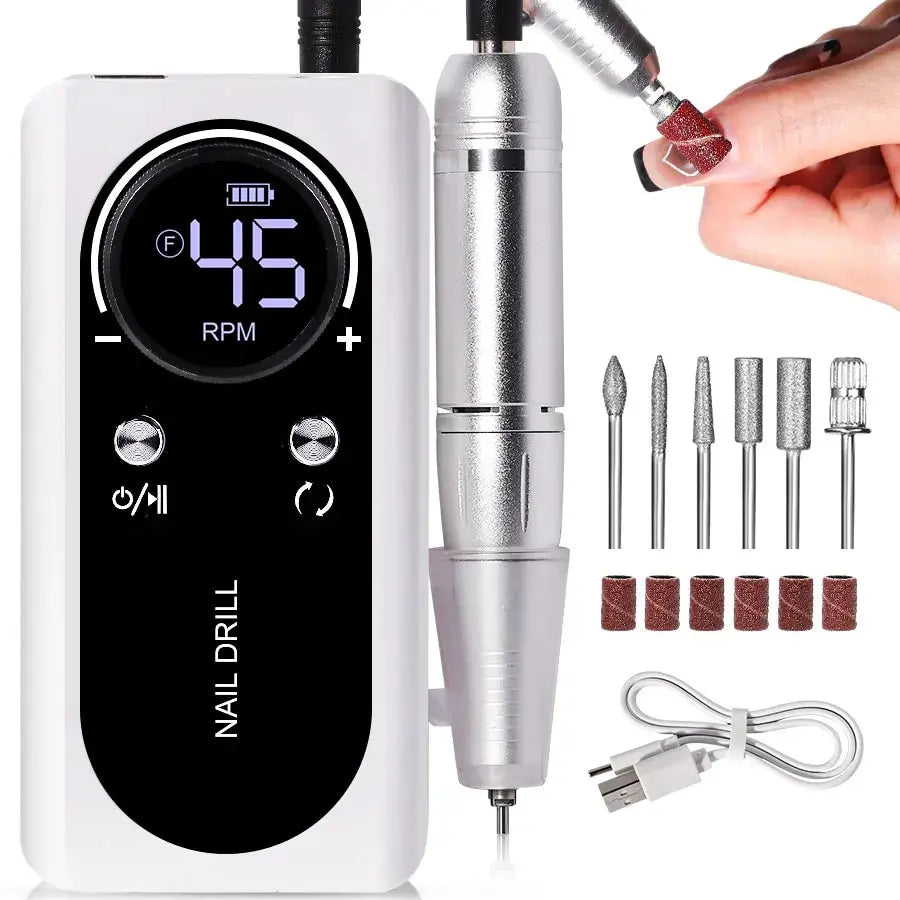 Professional 45,000 RPM Brushless Electric Nail Drill – High Torque Rechargeable Manicure & Pedicure Station