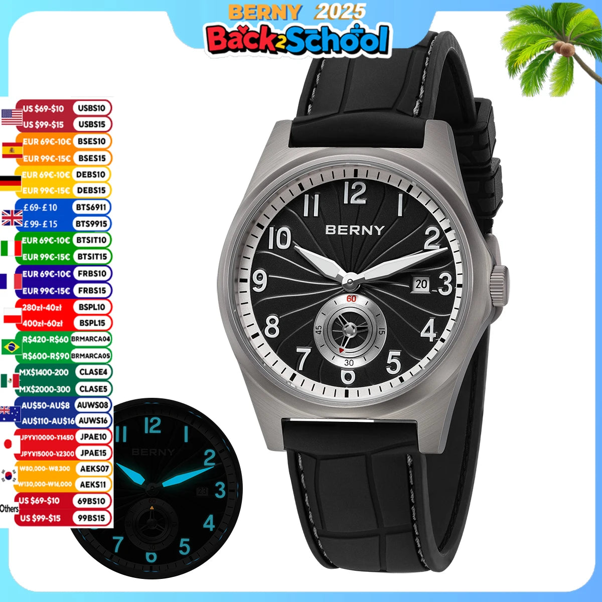 BERNY Titanium Automatic Watch – Fluororubber Strap | Seagull ST1731 | 10ATM Waterproof