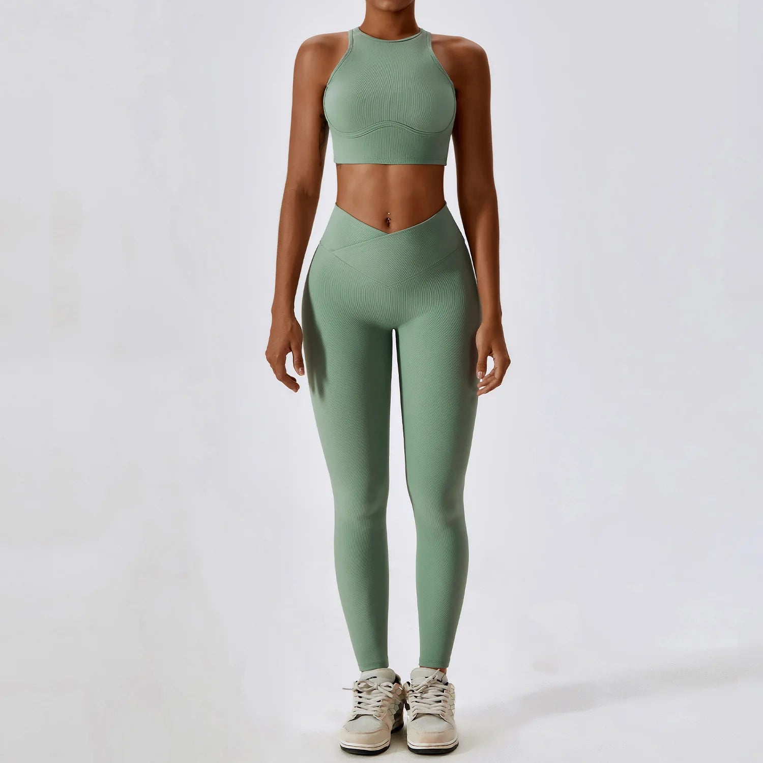 Women's 2-Piece Ribbed Seamless Yoga Set | Sports Bra & Gym Leggings Fitness Tracksuit Activewear
