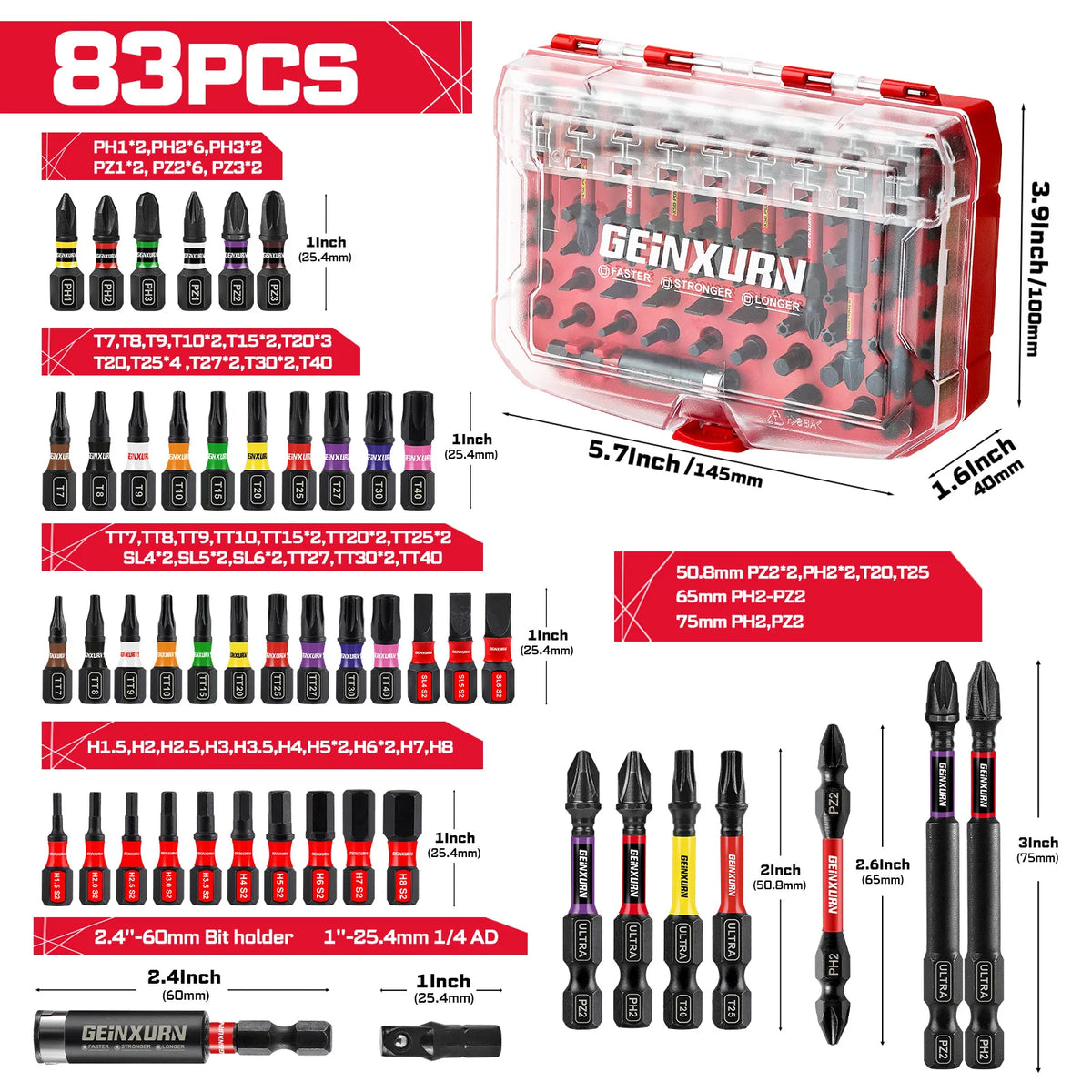 83 Pcs Magnetic Driver Bit Set – Phillips, Slotted, Torx, Hex & Pozi with Socket Adapter and Storage Case
