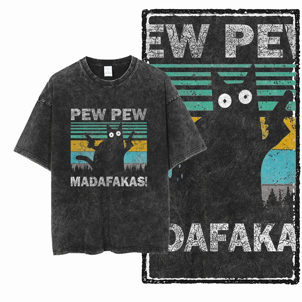 Acid Washed Cat Graphic Unisex T-Shirt | Cotton Streetwear Big Size Vintage Tee