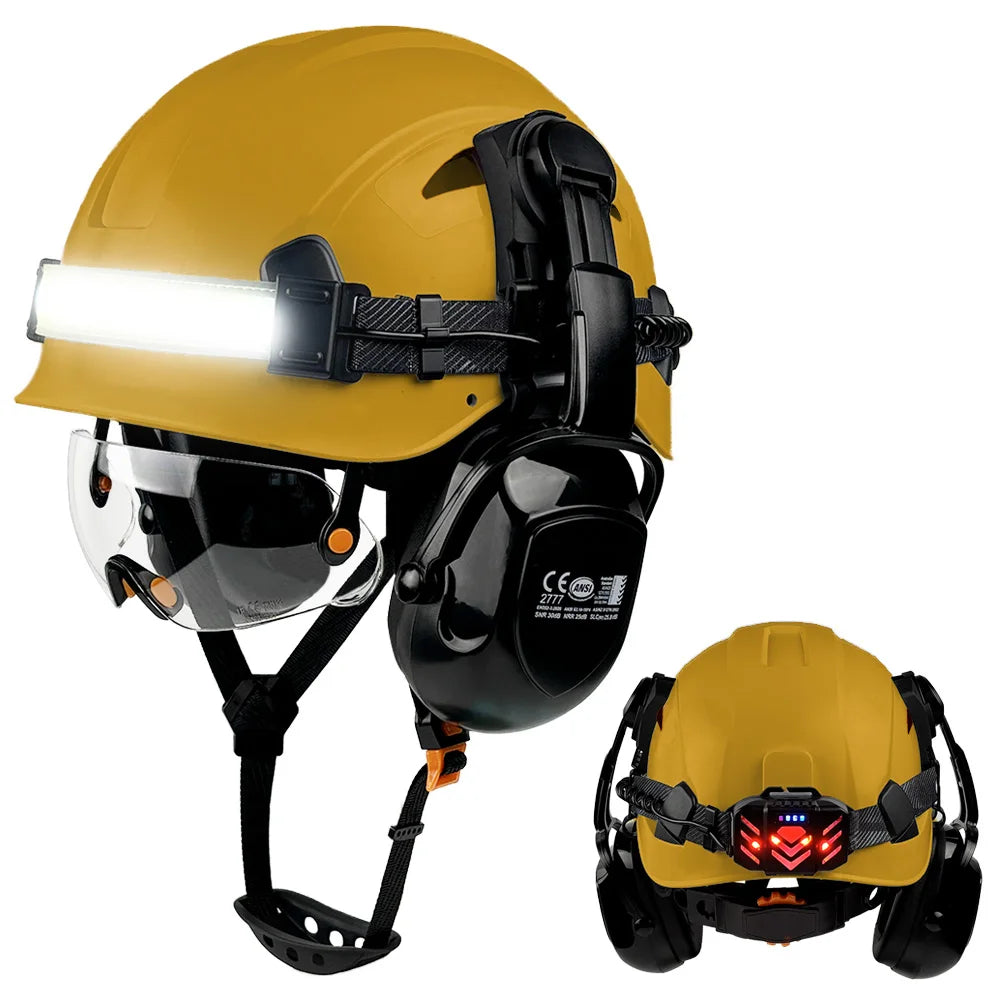 Construction safety helmet with LED light strip, goggles and earmuffs – image 9