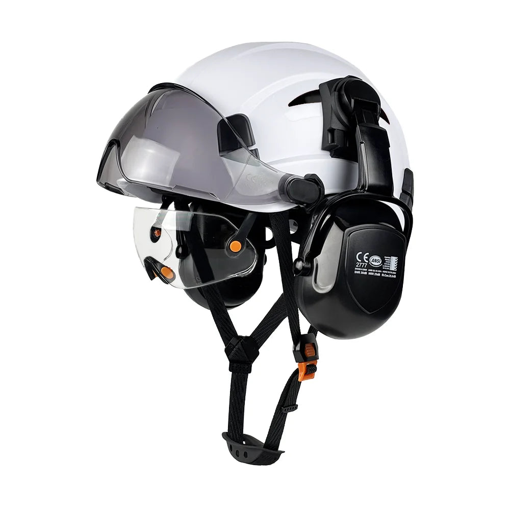 Construction safety helmet with twin visors and earmuffs – image 11