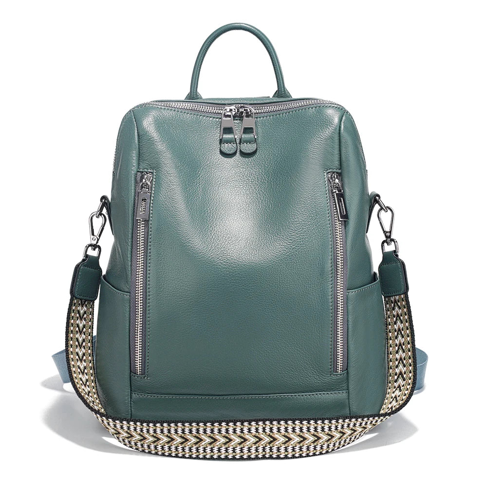 Genuine Leather Convertible Backpack – Multi-Pocket Day Pack & Shoulder Bag for Travel & Commuting