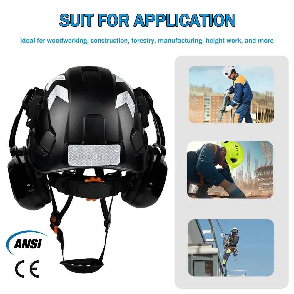 Vented construction safety helmet with twin visors, earmuffs and reflective stickers – image 2