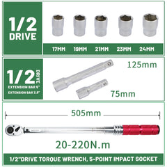 1/2" Drive Torque Wrench Set – 20–220Nm with Sockets & Extension Bars