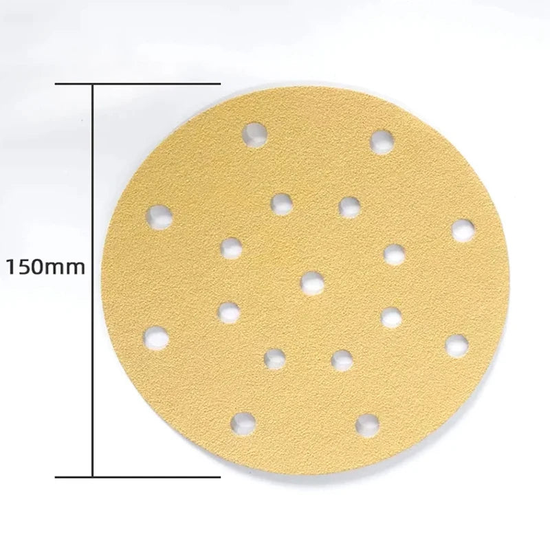 Gold 6-Inch 17-Hole Sanding Discs 150mm | Dry Flocking Round Sandpaper 80–500 Grit for Car Putty Wood