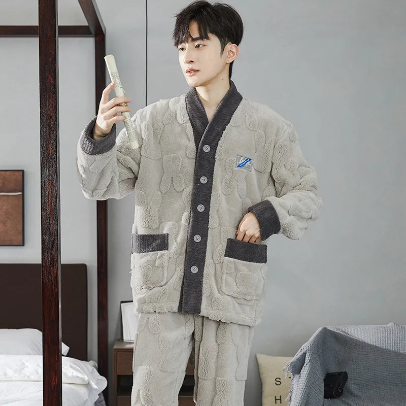 Men's Coral Fleece Pajama Set | Thickened Flocking Long Sleeve Winter Warm Couple Loungewear