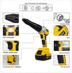 Brushless Electric Rivet Gun Cordless 3.2-4.8mm Automatic Riveting Power Tool for Dewalt 20V Battery
