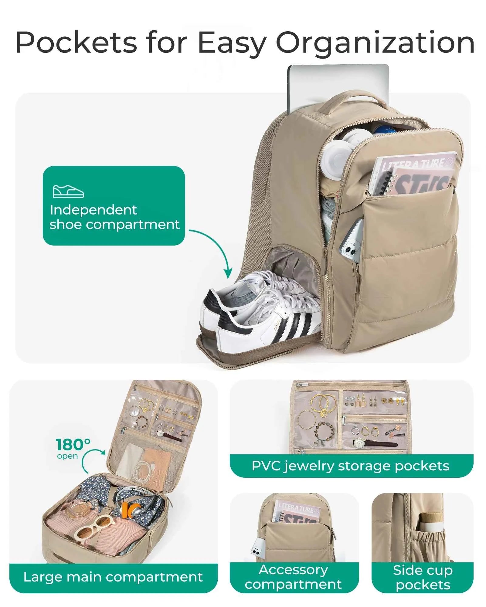 Women's Airline-Approved Travel Backpack 15.6" – Water-Resistant Carry-On with Shoe Compartment (36–55L)