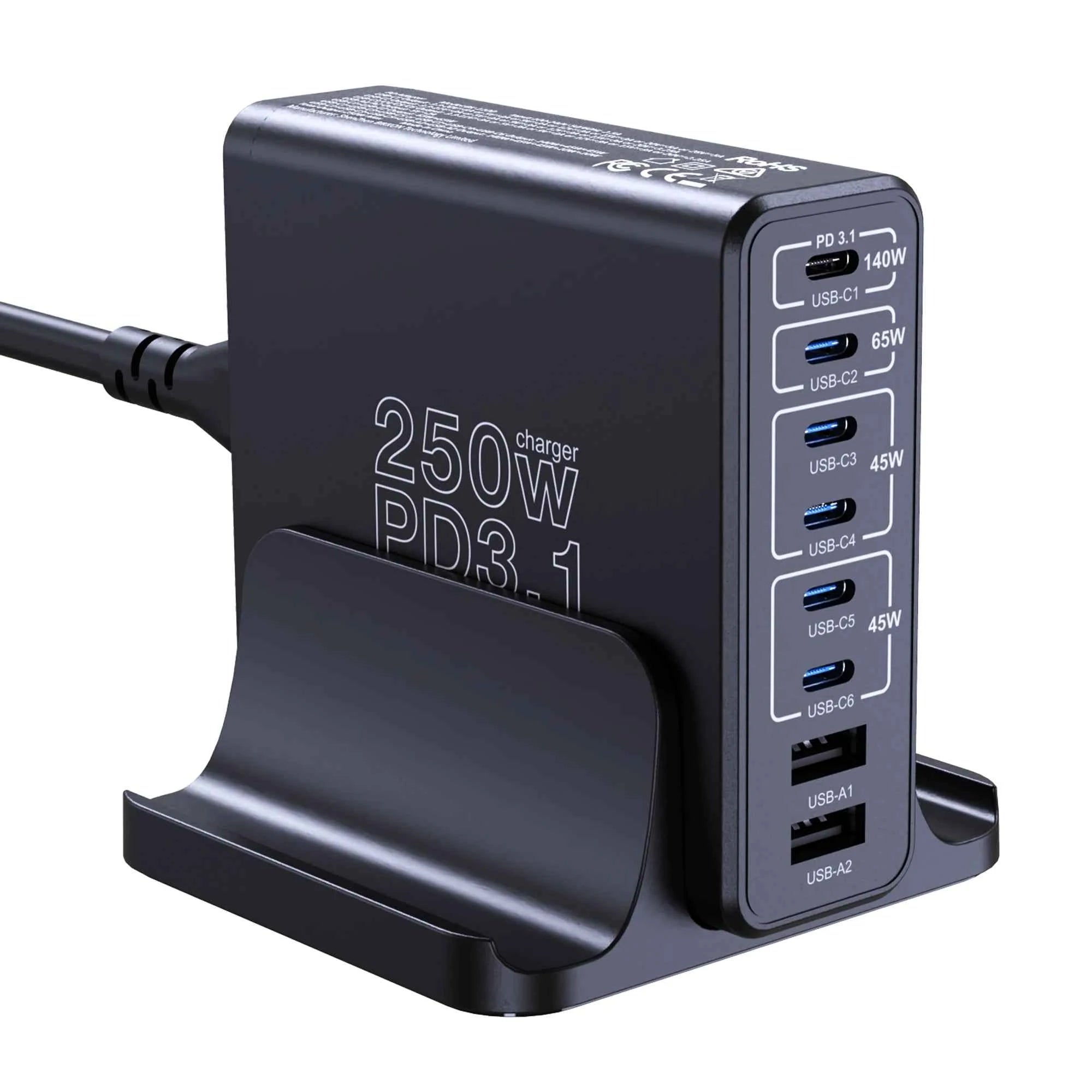 250W GaN 8-Port USB-C Desktop Charger | PD3.1 Fast Charging Station for iPhone Samsung Laptop