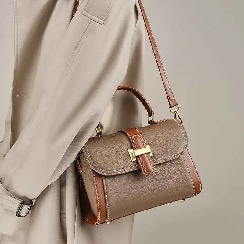 Genuine Cowhide Leather Small Square Crossbody Bag – Luxury Women's Shoulder Satchel with Flap Pocket