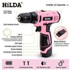 12V Pink Cordless Drill Set