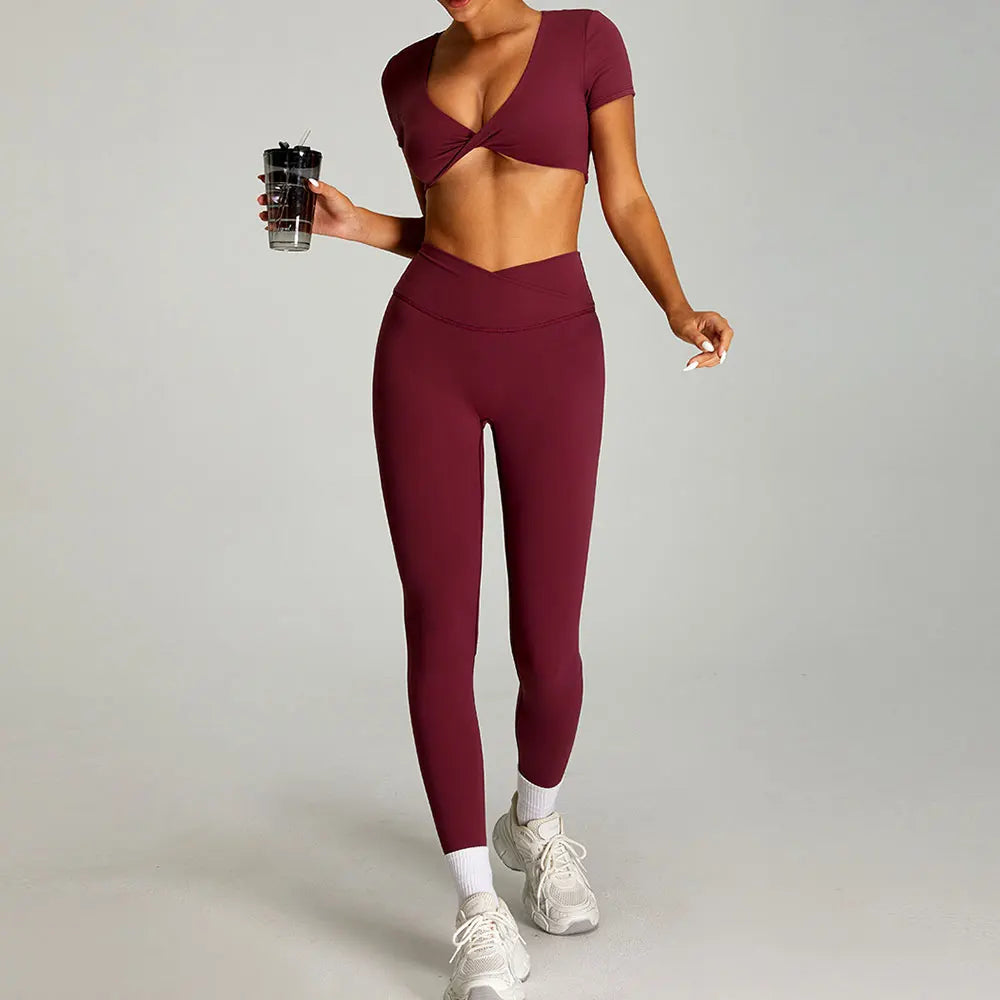 Women's 2-Piece Short Sleeve Yoga Suit | Quick-Dry Gym Tracksuit Running Workout Sports Set