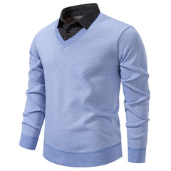 Men’s "Fake Two Piece" Thermal Pullover | Slim Fit Fleece Lined Smart Casual Sweater
