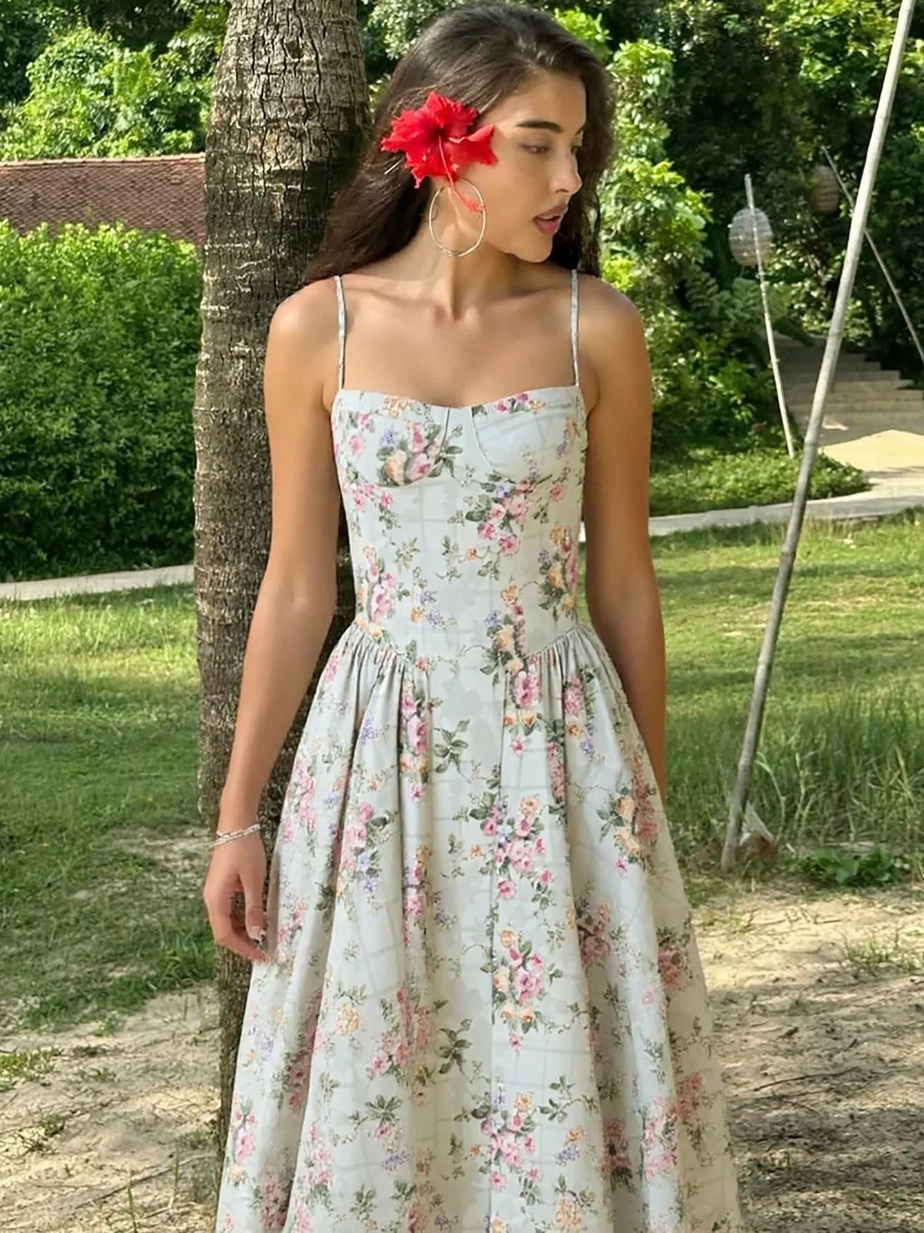 Vintage Floral High Waist A-Line Midi Dress – Women's Sundress for Wedding Guest & Evening