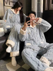 Men's Coral Fleece Pajama Set | Thickened Flannel Double-Breasted Long Sleeve Couple Sleepwear