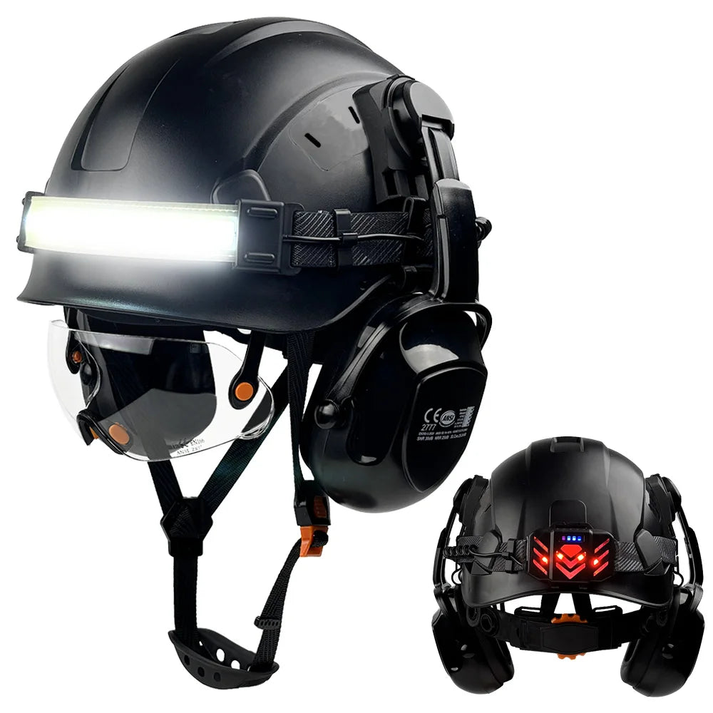 Construction safety helmet with LED light strip, goggles and earmuffs – image 11