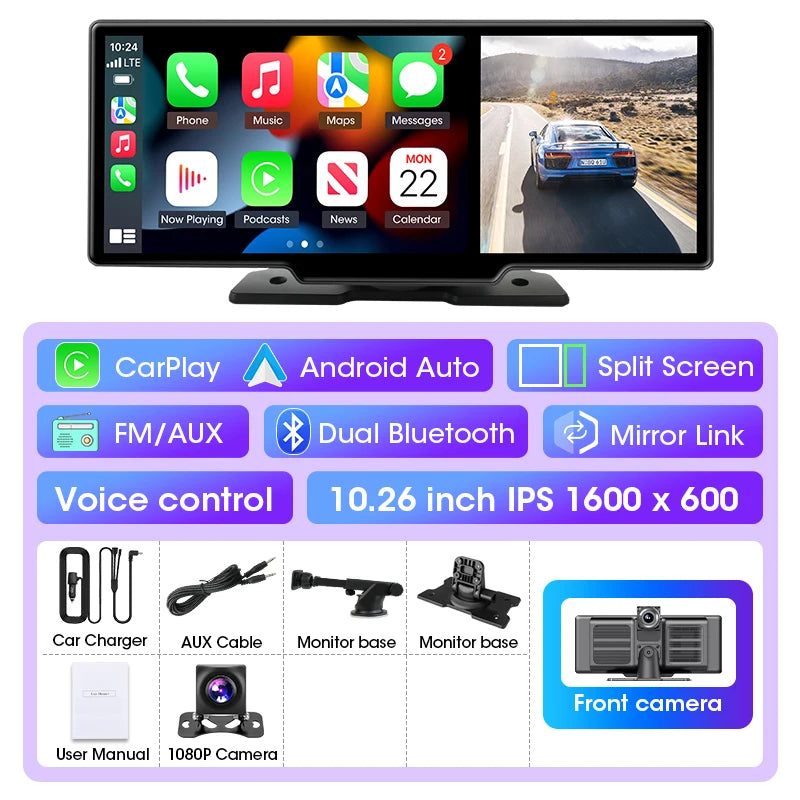 10/11.26 inch Dash Cam 4K Car DVR Wireless Carplay & Android Auto GPS Navigation Video Recorder Dashboard Dual Lens Wifi FM AUX by SnaggIt