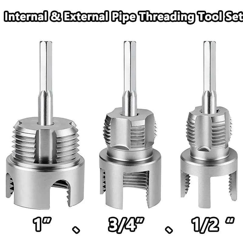 Integrated Internal & External Pipe Threader Kit | Heavy Duty 1/2", 3/4" & 1" Drill-Compatible Threading Tool