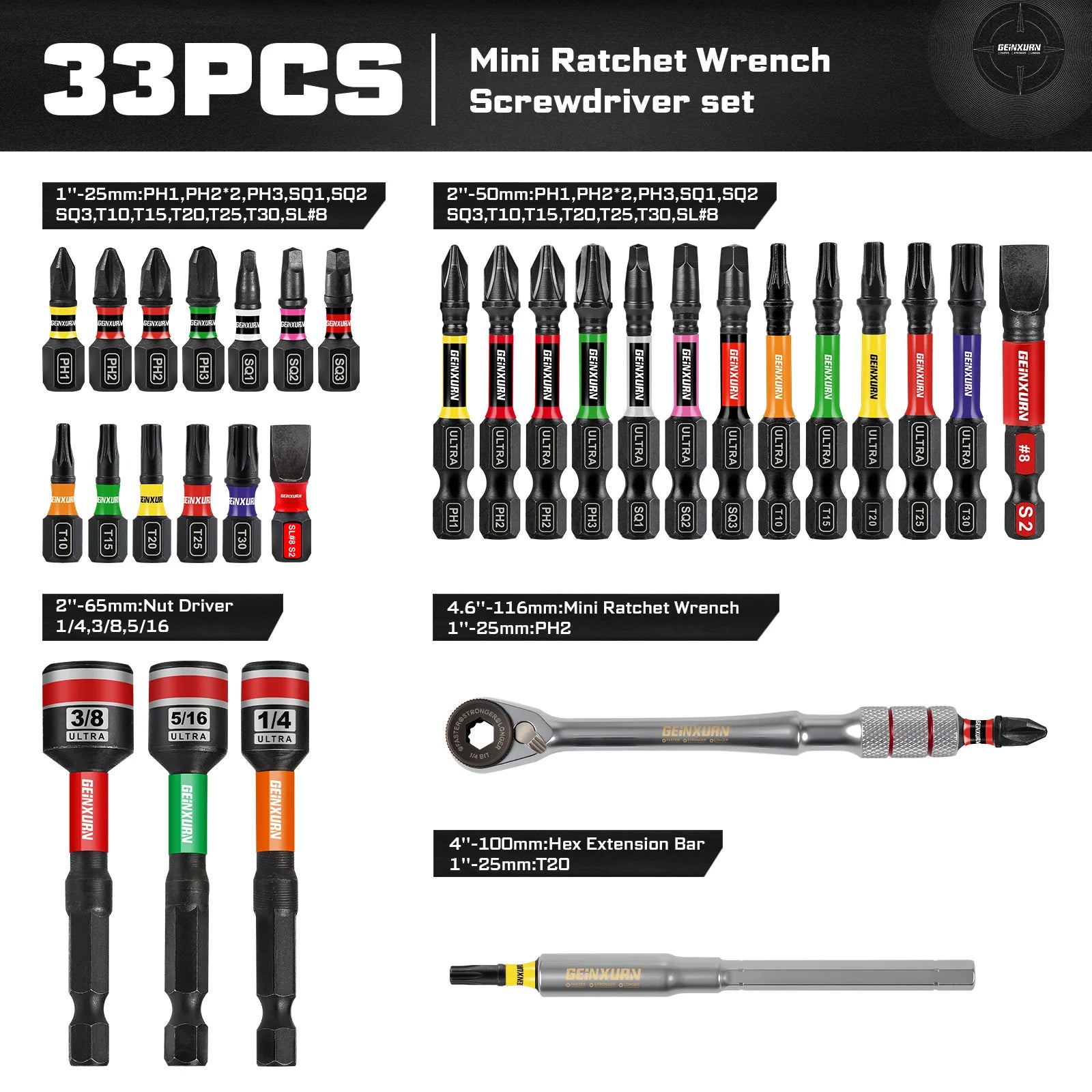 Mini Ratchet Wrench Set 33pcs | 1/4" Adapter S2 Steel Magnetic Screwdriver Bits Colour-Coded Base