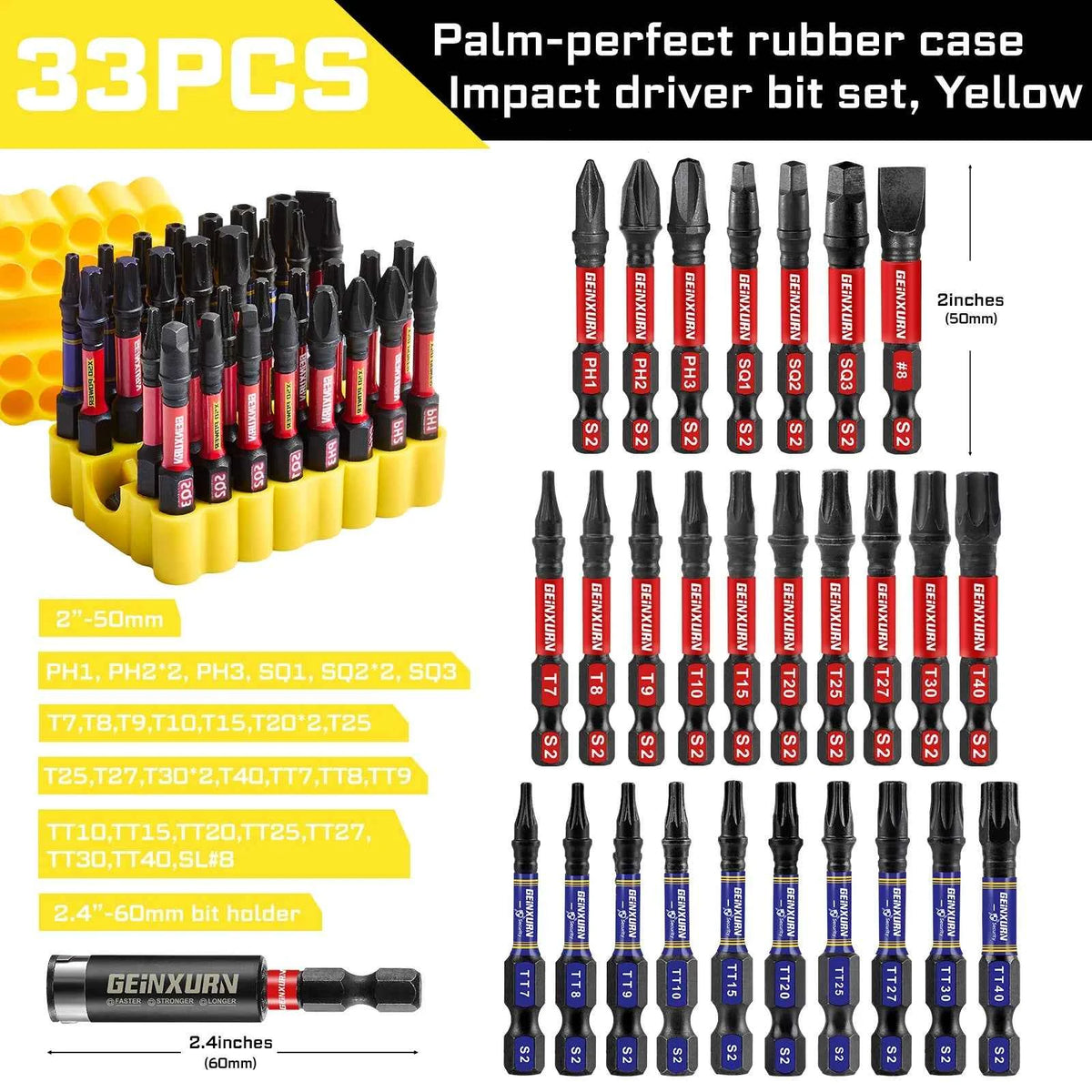 33PCS Impact Screwdriver Bits Set, 2” Magnetic （PH/SQ/Torx/Hex/Slotted) S2 Steel Bits with Bit Holder & Soft Base