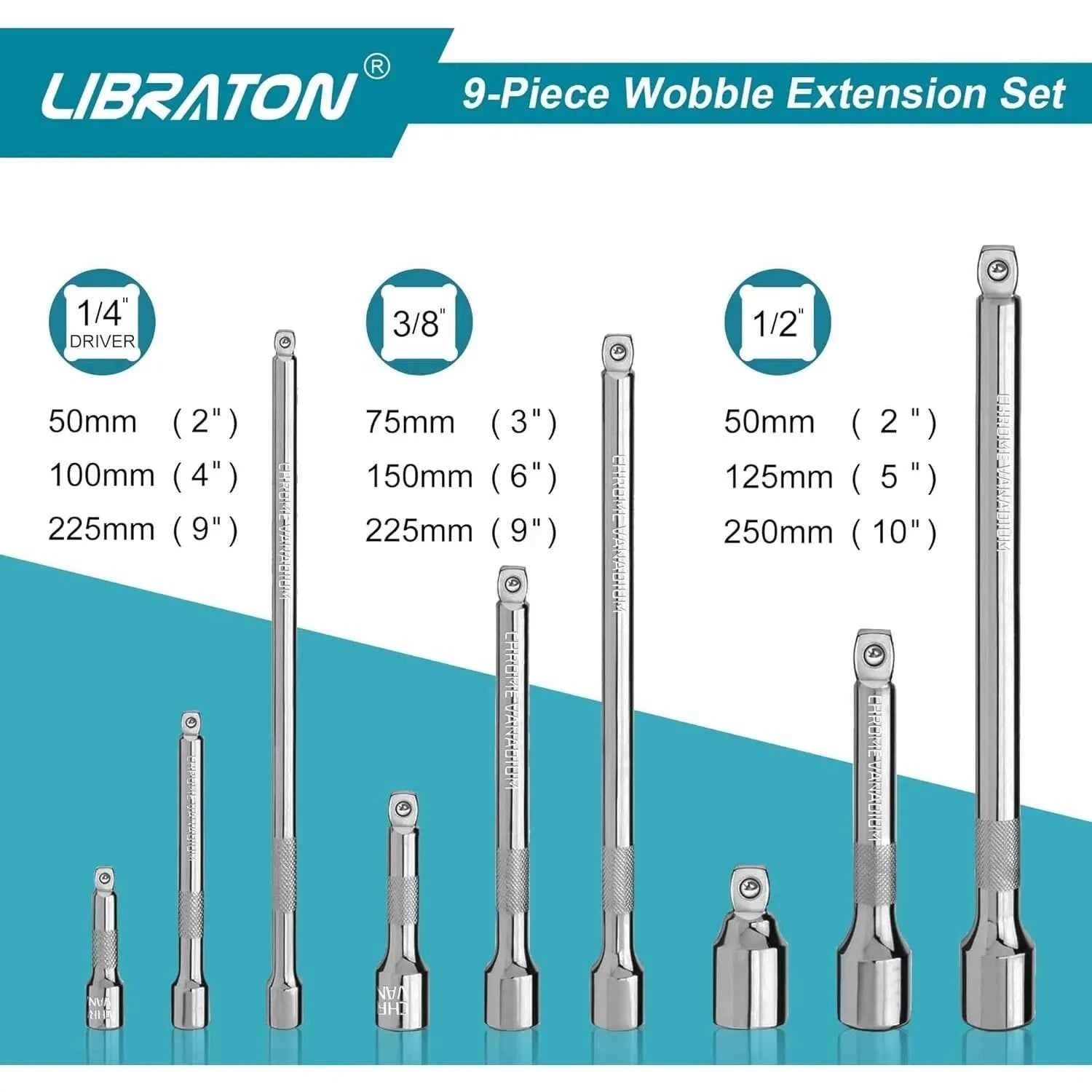 Wobble Socket Extension Set – 1/4", 3/8" & 1/2" Drive Ratchet Extensions in Chromium-Vanadium Steel