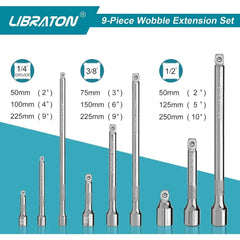 Wobble Socket Extension Set – 1/4", 3/8" & 1/2" Drive Ratchet Extensions in Chromium-Vanadium Steel