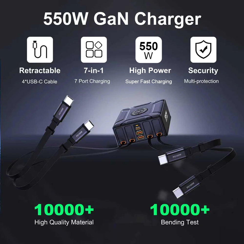 550W 7-in-1 GaN Charging Station | 100W Retractable USB-C Cable Fast Charger Laptop Phone Tablet