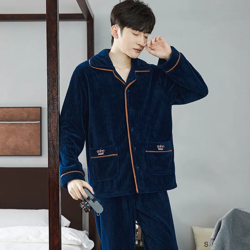 Men's Coral Fleece Pajama Set | Thickened Flocking Long Sleeve Winter Warm Couple Loungewear
