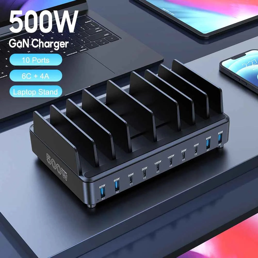 500W Multi USB-C Desktop Charging Dock | PD 100W Stand Holder Fast Charger Phone Tablet Laptop