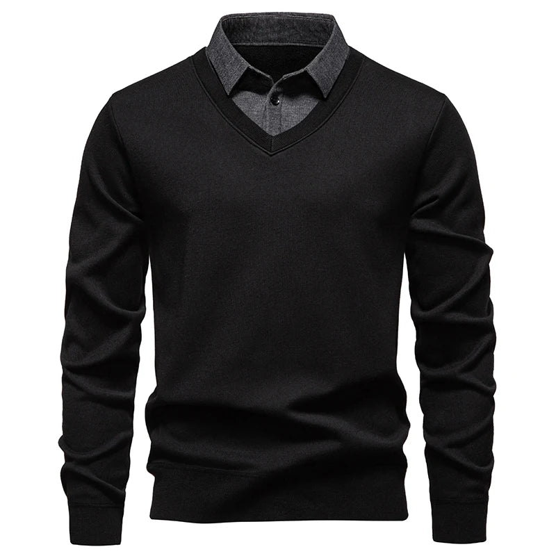 Men’s "Fake Two Piece" Thermal Pullover | Slim Fit Fleece Lined Smart Casual Sweater