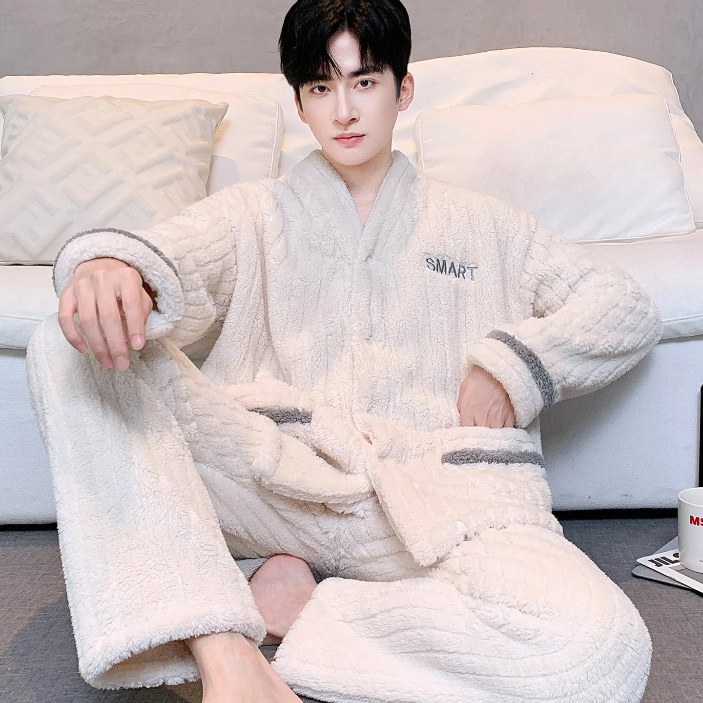 Men's Thickened Flannel Sleepwear Set | Coral Fleece Long Sleeve V-Neck Button Warm Loungewear