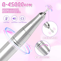 Professional 45,000 RPM Brushless Electric Nail Drill – High Torque Rechargeable Portable Manicure Station