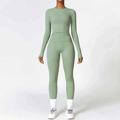 Women's 2-Piece Seamless Long Sleeve Crop Top Yoga Set | High Waist Leggings Gym Fitness Suit