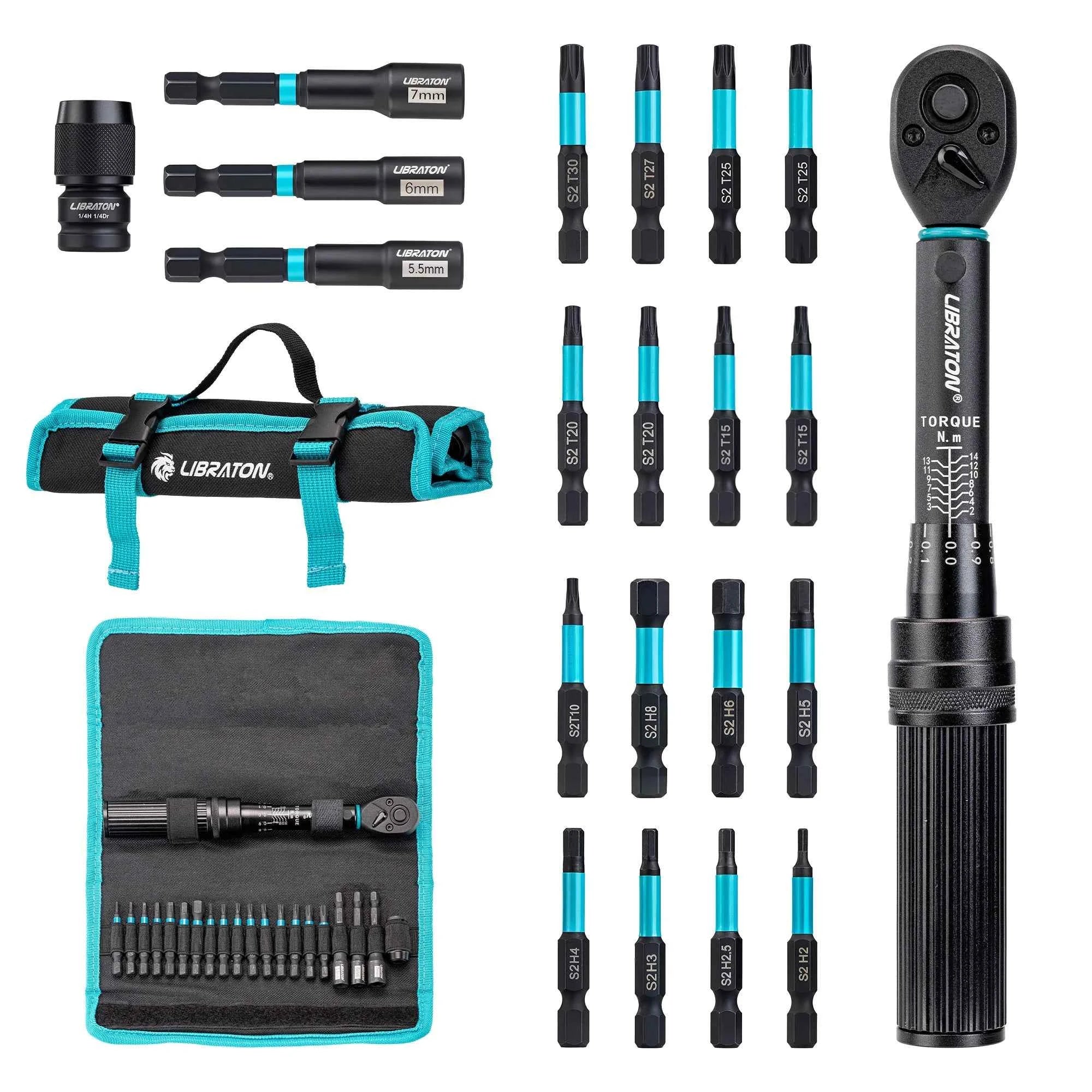 21 Piece Bike Torque Wrench Set – 1/4" Drive Click Torque Wrench with Hex, Torx & Nut Driver Bits for Bicycle & Motorcycle Repair
