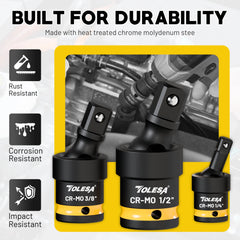 3PC Universal Joint Swivel Socket Set – 1/4", 3/8", 1/2" Drive Flexible Wobble Socket